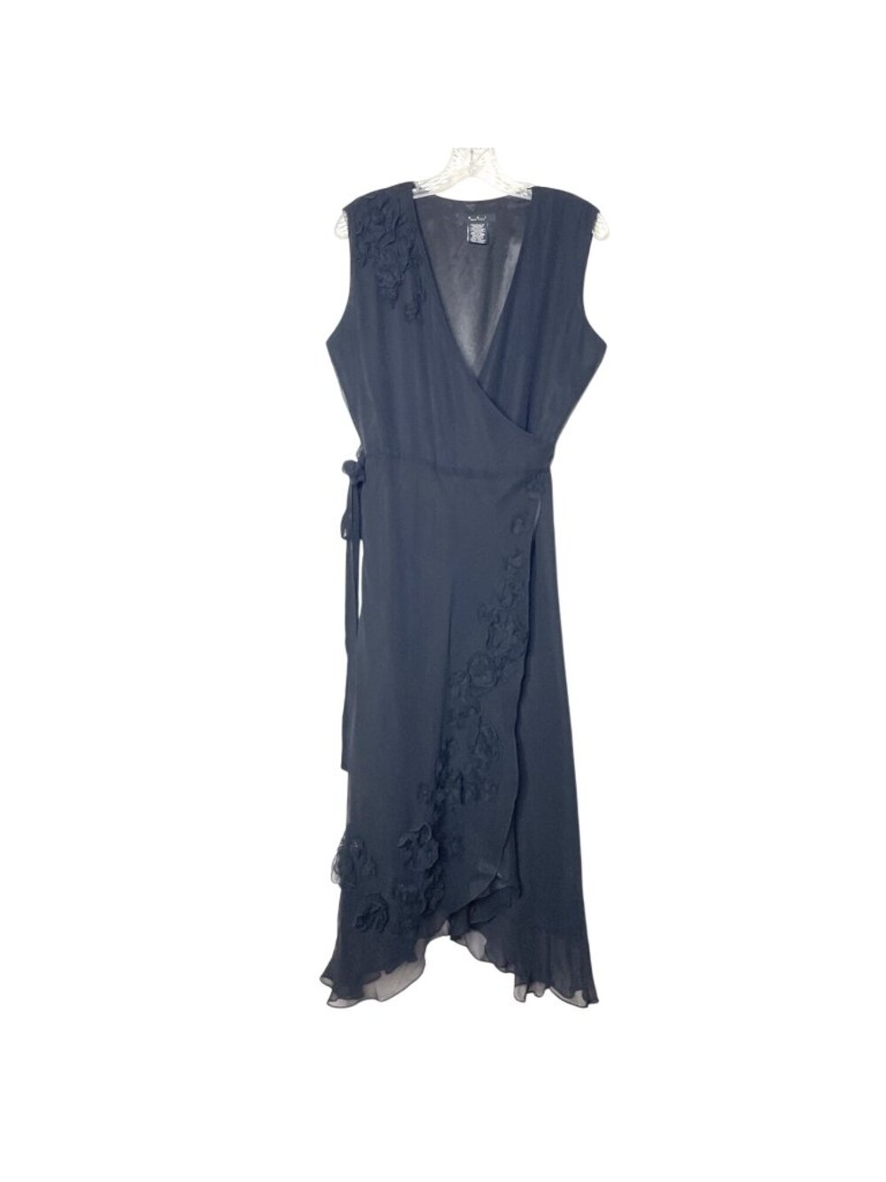 ECI New York Black 100% Silk Sleeveless Wrap Dress Floral Beaded Applique Size 8